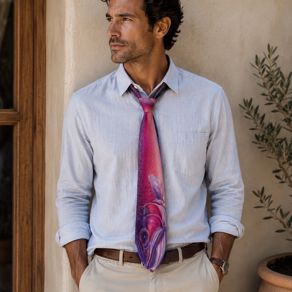 Vintage Ralph Marlin Neck tie Mens OS‎ Pink Rainbow Trout Fish Print Novelty